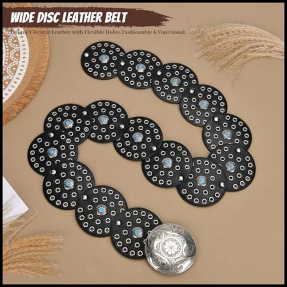 Western Boho Cowgirl Wide Disc Belt Faux Leather Turquoise Concho Waist Belt